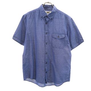 古着 JOSEPH ABBOUD ジョセフアブード リネンブレンド 総柄 半袖 ボタンダウンシャツ L ブルー メンズ