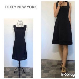 フォクシーニューヨーク(FOXEY NEW YORK)の美品フォクシーニューヨーク　美ラインワンピース38ブラック　ホームクリーニング可(ひざ丈ワンピース)