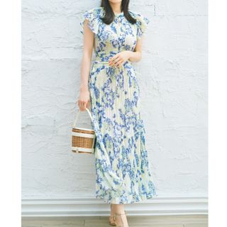 SNIDEL - 美品SNIDEL スナイデル プリーツオーナメントプリントワンピース BLU 0
