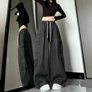XＬ　黒 デニム カーゴパンツ ユニセックス ジョガーパンツ ワイドパンツ(デニム/ジーンズ)