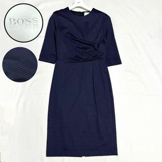 ヒューゴボス(HUGO BOSS)の美品✨HUGOBOSS 千鳥柄 ドレープ ワンピース ドレス カシュクール 伸縮(ひざ丈ワンピース)