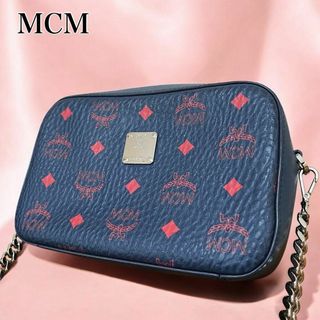 エムシーエム(MCM)の美品　エムシーエム　MCM カメラバッグ　チェーンショルダー　総柄　ネイビー　紺(ショルダーバッグ)