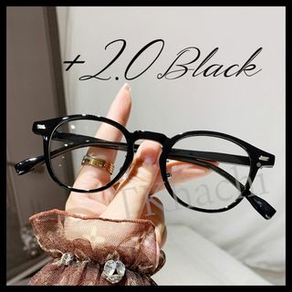 ブラック シンプル 老眼鏡 +2.0 シニアグラス 丸メガネ 伊達メガネ 黒縁(サングラス/メガネ)