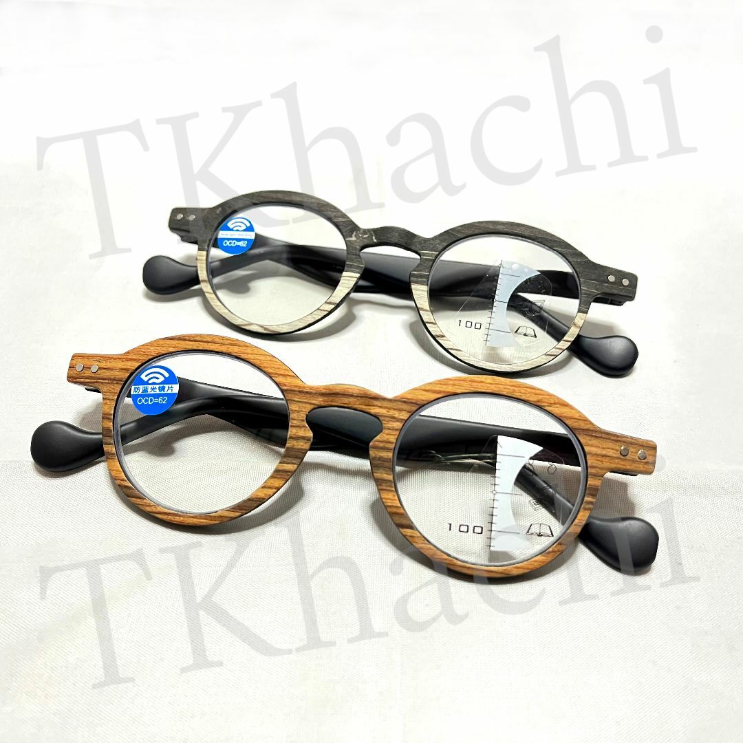 遠近両用 老眼鏡 +1.0 木目調 ウッド シニアグラス 丸メガネ 伊達メガネ メンズのファッション小物(サングラス/メガネ)の商品写真