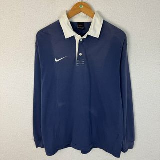 ナイキ(NIKE)の90s NIKE ナイキ ラガーシャツ 長袖 刺繍ロゴ ネイビー ホワイト Mサイズ メンズ 古着 ストリート(ポロシャツ)
