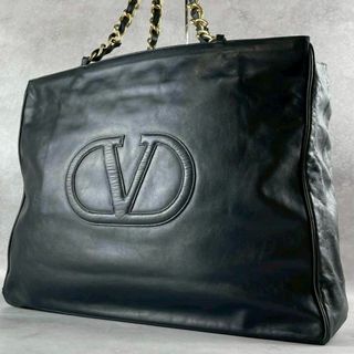 バレンティノ(VALENTINO)の美品✨ VALENTINO チェーントートバッグ レザー ビッグロゴ ブラック(トートバッグ)