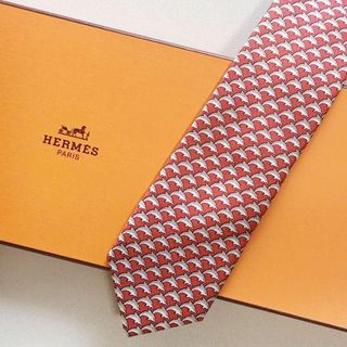 美品 エルメス HERMES ネクタイ オレンジ 動物柄 ドルフィン イルカ