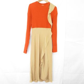 スリーワンフィリップリム(3.1 Phillip Lim)の良品 3.1 phillip lim 3.1フィリップリム ラッフルフリル 長袖 ロング リブニット ドッキングワンピース オレンジ×ベージュ レディース 古着 中古 USED(ロングワンピース/マキシワンピース)