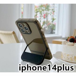 iphone14plusケース スタンド付き　半透明 ブラック323