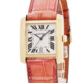 カルティエ(Cartier)のカルティエ タンクフランセーズ LM W5000156 OH済 K18YG無垢 ギヨシェ 角型 青針 ローマ数字 自動巻き レディース 腕時計(腕時計)