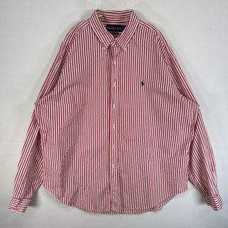 ラルフローレン(Ralph Lauren)の古着 ラルフローレン RALPH LAUREN 長袖シャツ ボタンダウン ロゴ 刺繍 大きいサイズ XXL  レッド ストライプ メンズ(シャツ)