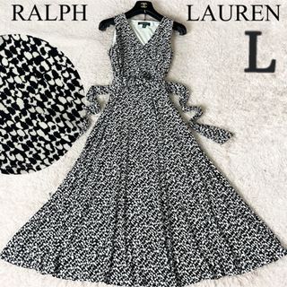 ラルフローレン(Ralph Lauren)の20 ラルフローレン ワンピース 大きい ベルト 総柄 Aライン 白 黒 L(ロングワンピース/マキシワンピース)
