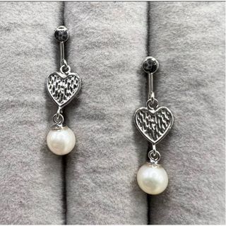 本真珠　あこや真珠　ハート　チャーム　silver 刻印　イヤリング(イヤリング)