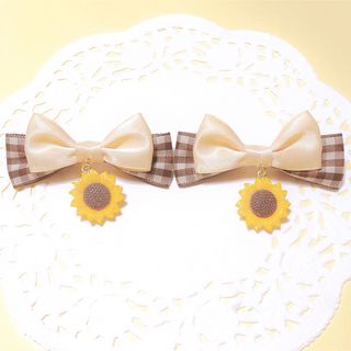ひまわり　リボン　黄色　茶色　チェック　夏　アクセサリー　ヘアクリップ