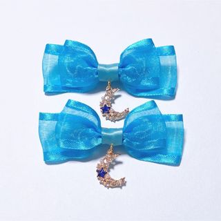 月　リボン　ヘアクリップ　青　水色　夏　ヘアアクセサリー(バレッタ/ヘアクリップ)