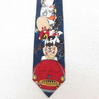 中古 ネクタイ 90年代 90s ルーニーテューンズ LOONEY TUNES タズ シルベスター USA製 紺 ネイビー 25jul26(ネクタイ)