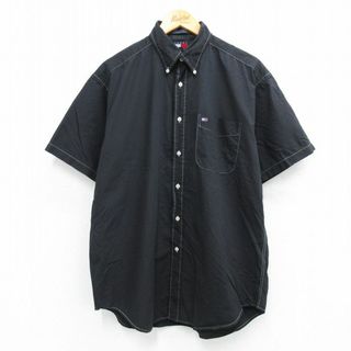 トミーヒルフィガー(TOMMY HILFIGER)のXL★古着 トミーヒルフィガー TOMMY HILFIGER 半袖 ブランド シャツ メンズ 90年代 90s ワンポイントロゴ コットン ボタンダウン 黒 ブラック 25jul26 中古 トップス(シャツ)