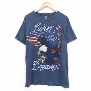 L★古着 半袖 Tシャツ メンズ 鳥 クルーネック 紺 ネイビー 霜降り 25jul26 中古(Tシャツ/カットソー(半袖/袖なし))