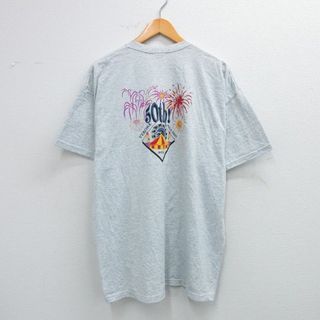 フルーツオブザルーム(FRUIT OF THE LOOM)のXL★古着 フルーツオブザルーム 半袖 ビンテージ Tシャツ メンズ 00年代 00s 花火 消防士 大きいサイズ クルーネック 薄グレー 霜降り 25jul26 中古(Tシャツ/カットソー(半袖/袖なし))