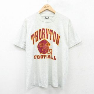 スクリーンスターズ(SCREEN STARS)のXL★古着 スクリーンスターズ 半袖 ビンテージ Tシャツ メンズ 80年代 80s THORNTON フットボール クルーネック USA製 薄グレー 霜降り 25jul26 中古(Tシャツ/カットソー(半袖/袖なし))