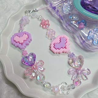 ピクセルハート 紫ピンク 韓国ビーズストラップキーホルダー コレクトブック