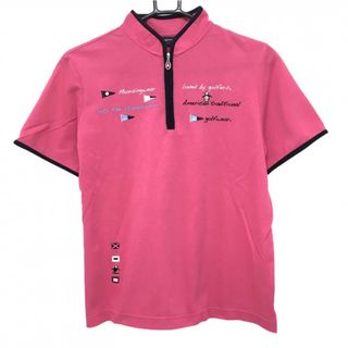 マンシングウェア(Munsingwear)の【美品】マンシングウェア 半袖ハイネックシャツ ピンク×ネイビー ハーフジップ ロゴ刺しゅう  レディース Ｌ ゴルフウェア Munsingwear(ウエア)