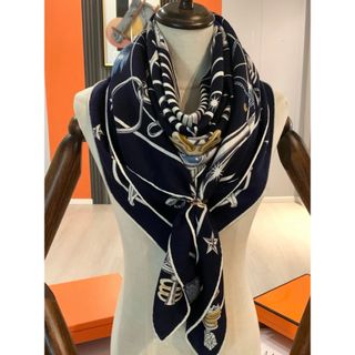 @H14 羊毛 シルク 大判ストール リバーシブル ネイビー