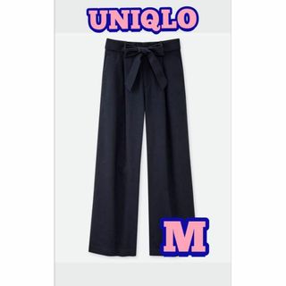ユニクロ(UNIQLO)の【UNIQLO】ベルテッド リネンコットン ワイド ストレートパンツ ネイビーM(バギーパンツ)