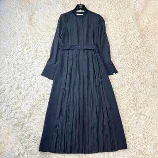 ＊美品 ANAYI アナイ プリーツロングワンピース ネイビー ベルト インナー(ロングワンピース/マキシワンピース)