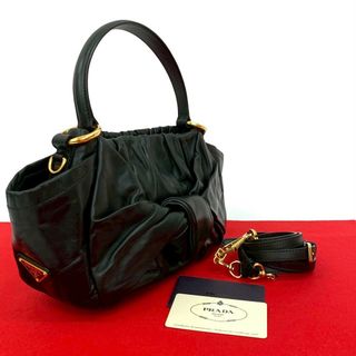 極 美品 PRADA プラダ 三角ロゴ 金具 リボン モチーフ レザー 2way ハンドバッグ ワンショルダーバッグ ショルダーバッグ ブラック 59512