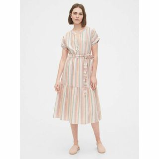 GAP リネンコットン ラッフルミディワンピース ストライプ 2(ロングワンピース/マキシワンピース)