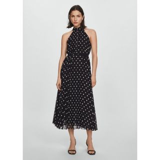 ★半額sale！スペイン発_MANGO新品ドレス 黒のドット柄ワンピース