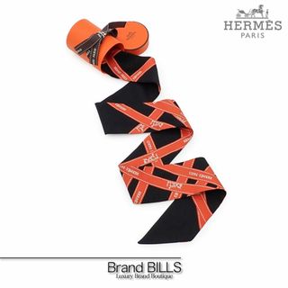 エルメス(HERMES)の美品 エルメス ツイリー リボンスカーフ ボリュデュック柄 シルク ブラック オレンジ(バンダナ/スカーフ)