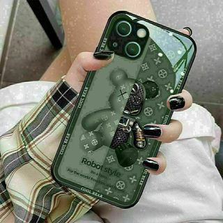 新カラー　iPhone16 15　携帯ケース　強化ガラス　高級感クマ　グリーン