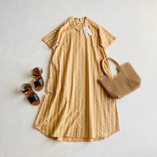 リラシク(LILASIC)のLILASIC 綿麻 ストライプ ワイド オープンカラー ワンピース Lサイズ(ロングワンピース/マキシワンピース)