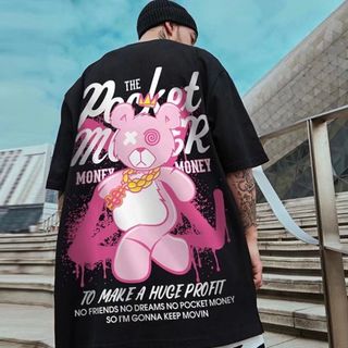 【人気】メンズ　半袖　5分丈　オーバーサイズ　韓国風　黒　XL　クマ(Tシャツ/カットソー(半袖/袖なし))