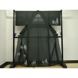 平和屋着物＊夏物　訪問着　絽　草木文　黒地　銀彩　正絹　逸品　CAAT9944gh(着物)