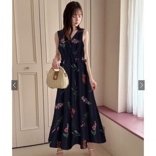 サイドリボン花柄ノースリーブロングワンピース ネイビー(ロングワンピース/マキシワンピース)