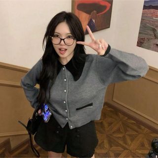 【新品未着用】襟付きカーディガン 厚手ニットセーター バイカラー 韓国