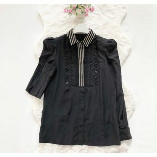 ボッテガヴェネタ(BOTTEGA VENETA)のボッテガヴェネタ*襟付き フリルブラウス　ボーダー　シルク　長袖　黒　38(シャツ/ブラウス(長袖/七分))