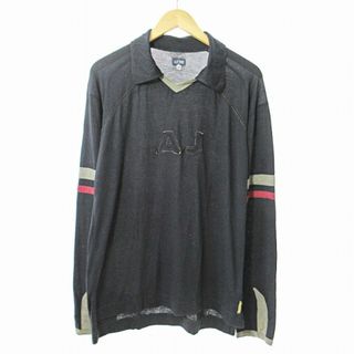 アルマーニジーンズ(ARMANI JEANS)のアルマーニ ジーンズ Tシャツ カットソー 長袖 衿付き ロゴ M 黒(Tシャツ/カットソー(七分/長袖))