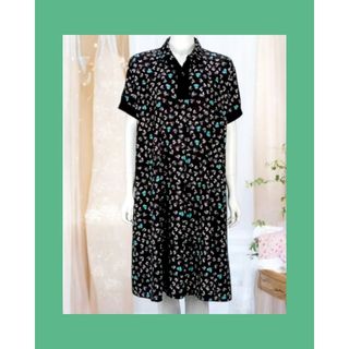 ♣♥新品未使用！ハート柄シャツ襟膝丈ワンピース（ブラック）フリー(ひざ丈ワンピース)