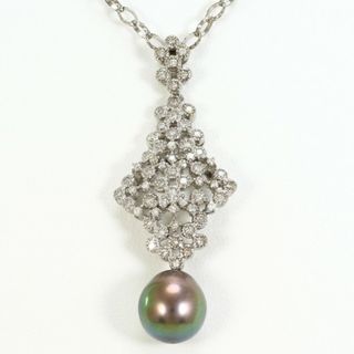 K18 18金 WG ホワイトゴールド ネックレス 黒蝶真珠 ダイヤ 0.55 カード鑑別書 総重量約10.2g 約45cm ジュエリー 中古 送料無料 新品同様 【中古】【あす楽】 ギフトラッピング無料(ネックレス)