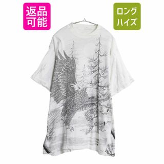 90s イーグル オールオーバー イラスト 染込み プリント Tシャツ メンズ XL 古着 オールド アニマル アート グラフィック 大きいサイズ 白