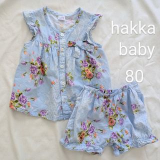 ハッカベビー　セットアップ　水色　夏服　リボン　ショートパンツ　花柄　フリル