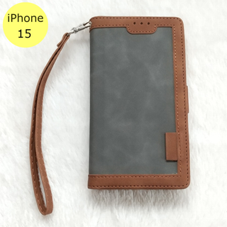 レトロ 手帳型 iPhone15ケース グレー(iPhoneケース)