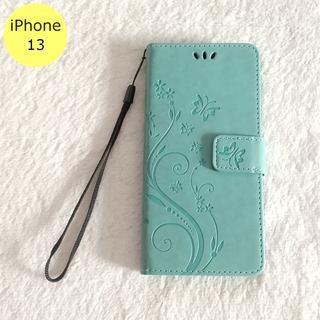 かわいい 蝶 手帳型 iPhone13 iPhoneケース グリーン(iPhoneケース)