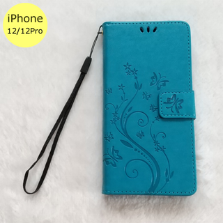 かわいい 蝶 手帳型 iPhone12/12Pro iPhoneケース 水色(iPhoneケース)