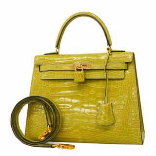エルメス(HERMES)の【5gd5417-g-h】エルメス ハンドバッグ ケリー25 アリゲーター アニスグリーン ゴールド金具 □C刻印【中古】レディース(ハンドバッグ)
