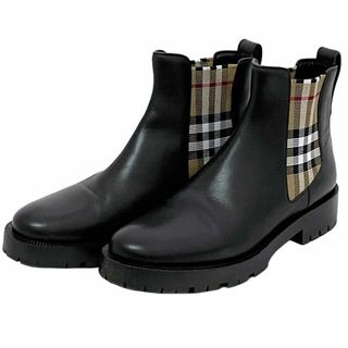 バーバリー(BURBERRY)のバーバリー ブーツ チェックパネル チェルシーブーツ ブラック チェック柄 80423631 美品 24.5cm レザー 中古 BURBERRY アパレル 黒 ショートブーツ チェルシー レディース 靴 女性 定番 人気 サイドチェック(ブーツ)